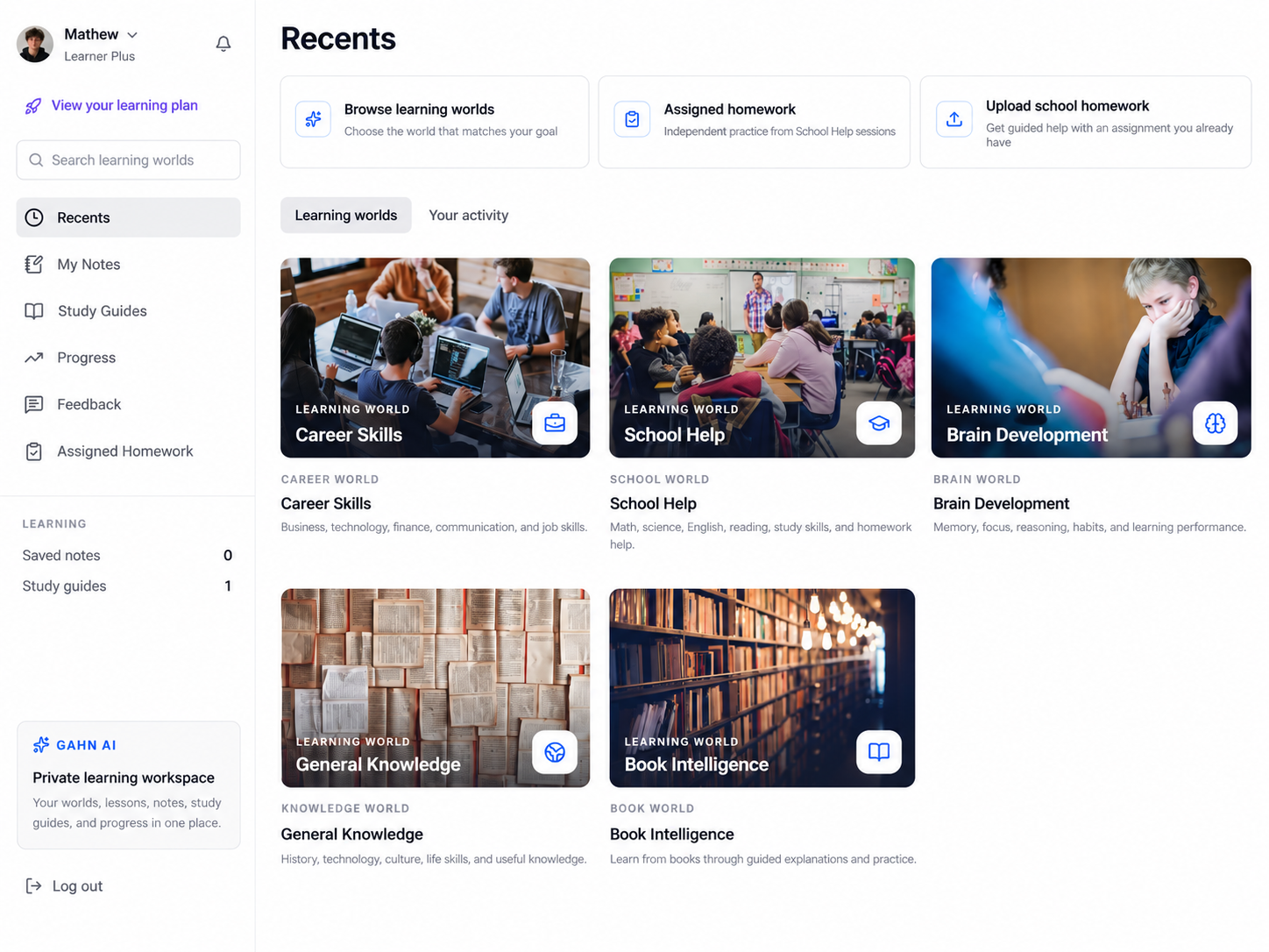 GAHN AI learner dashboard with learning worlds, notes, study guides, progress, feedback, and assigned homework